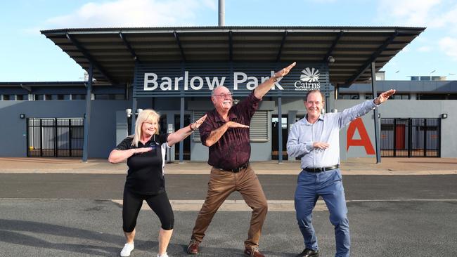 Community and business leaders have met with Cairns Regional Council officials and agreed on a plan to upgrade Barlow Park into a world-class combined rectangular stadium. Cairns Chamber of Commerce CEO Patricia O'Neill, Member for Leichhardt Warren Entsch and Advance Cairns CEO Paul Sparshott do their best Usain Bolt impressions outside the Barlow Park gates. Picture: Brendan Radke