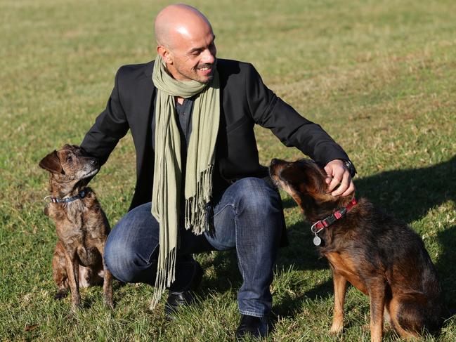 Manos Stamatakis with his dogs Bator and Rozi at Sydney Park. Picture: Craig Wilson