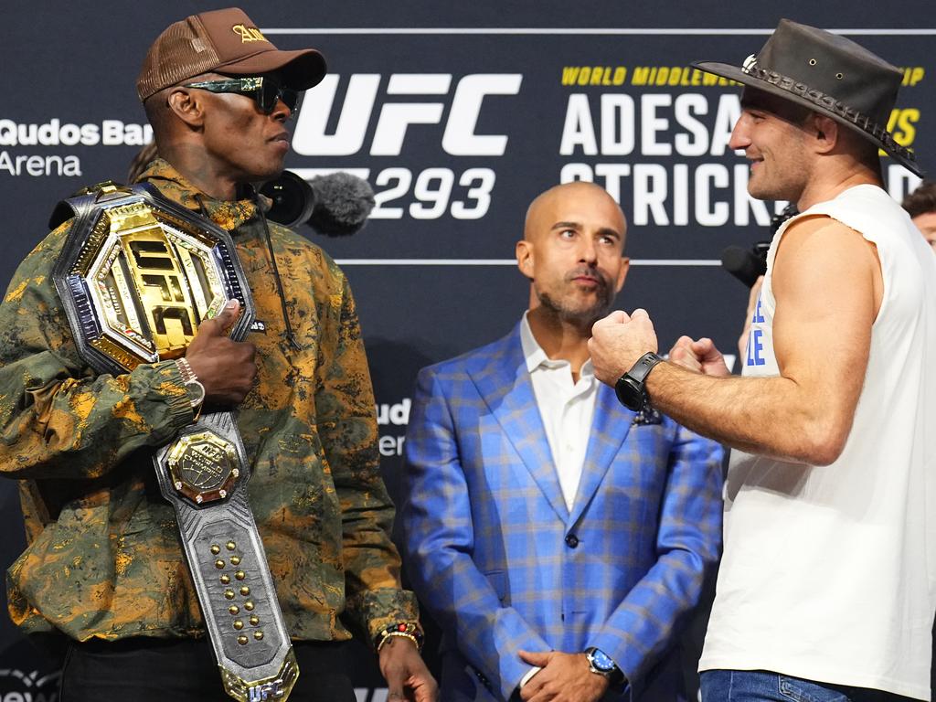 Adesanya and Strickland face-off at Thursday’s UFC 293 press conference. Picture: Chris Unger/Zuffa/Getty Images