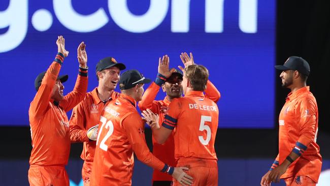 Netherlands' Bas De Leede celebrates the wicket of Gerald Coetzee. Photo by Pankaj Nangia/Gallo Images/Getty Images