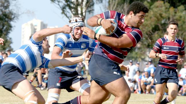 School boys rugby TSS vs Nudgee at TSS 2017 . TSS Player No 3 Zane Nonggorr Nudgee player No7 Hayden Moseley .Picture Mike Batterham