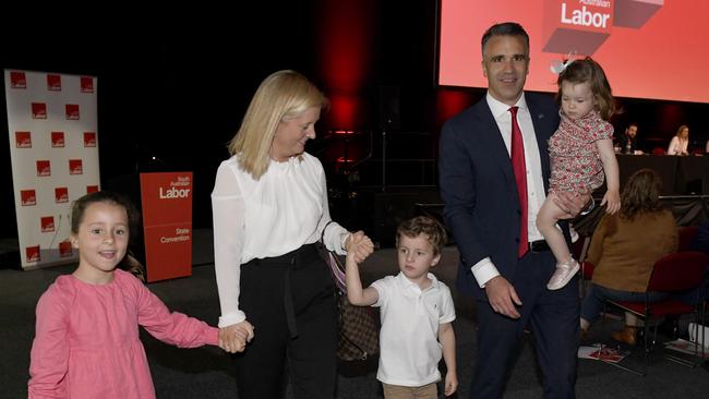 Opposition Leader Peter Malinkauskas with wife Annabel, daughters Sophie, 6 and Eliza, 18 months and son Jack, 4, at SA ALP Convention. Picture: Naomi Jellicoe