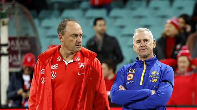 John Longmire and Adam Simpson after the historic result. Picture: Phil Hillyard