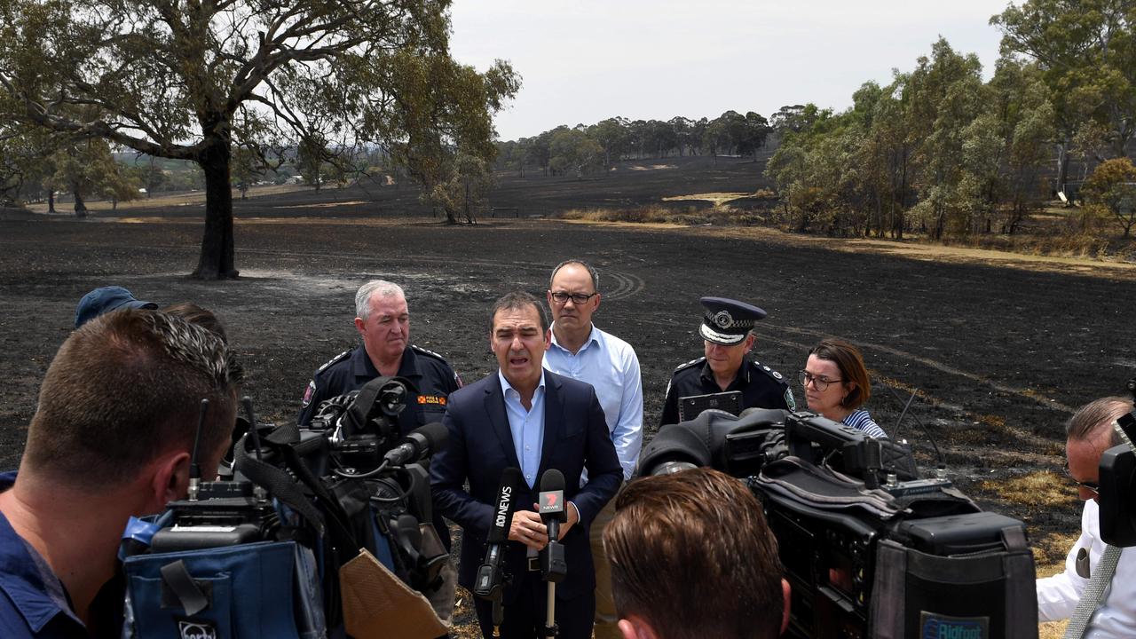 Premier Steven Marshall at the fireground with CFS Chief Mark Jones, Emergency Services Minister Cory Wingard, Police Commissioner Grant Stevens and Senator Anne Ruston. Picture: Tricia Watkinson