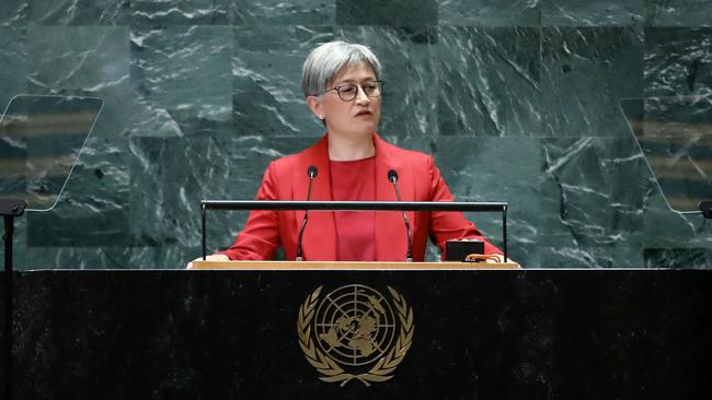 Penny Wong speaks at the United Nations in New York on September 27. Picture: AFP