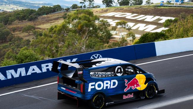 BATHURST, AUSTRALIA – FEBRUARY 25: (EDITORS NOTE: A polarising filter was used for this image.) Romain Dumas drives the Ford E-Transit Supervan during a demonstration the Bathurst 500, part of the 2024 Supercars Championship Series at Mount Panorama, on February 25, 2024 in Bathurst, Australia. (Photo by Daniel Kalisz/Getty Images)