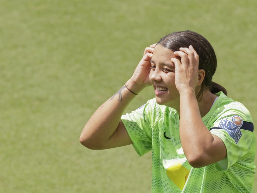 Sam Kerr has some fun during a Matildas training session. Picture: Jenny Evans/Getty Images