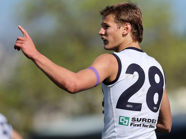 MELBOURNE, AUSTRALIA - AUG 18: Daniel Lowther of the Falcons in action during the 2024 Coates Talent League Boys Round 18 match between the Sandringham Dragons and the Geelong Falcons at RSEA Park on Aug 18, 2024 in Melbourne, Australia. (Photo by Scott Sidley/AFL Photos)