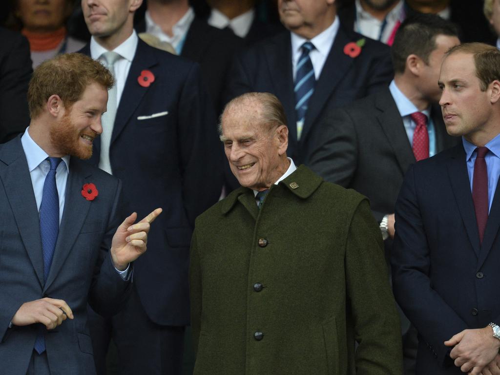 Harry and William with Prince Philip in 2015. Picture: Glyn Kirk/AFP