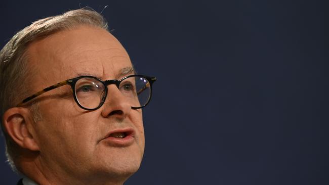 SYDNEY, AUSTRALIA – NewsWire Photos, April 10, 2022: Opposition leader Anthony Albanese speaks to the media during a press conference in Sydney. Picture: NCA NewsWire / Flavio Brancaleone