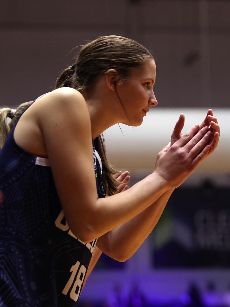 GEELONG, AUSTRALIA - OCTOBER 30: Tanielle Knight of Geelong United reacts during the round one WNBL match between Geelong United and Townsville Fire at The Geelong Arena, on October 30, 2024, in Geelong, Australia. (Photo by Kelly Defina/Getty Images)