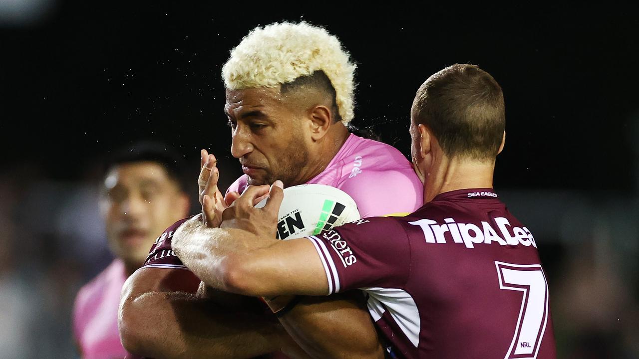 SYDNEY, AUSTRALIA – APRIL 01: Viliame Kikau of the Panthers is tackled during the round four NRL match between the Manly Warringah Sea Eagles and the Penrith Panthers at Lottoland on April 01, 2021, in Sydney, Australia. (Photo by Cameron Spencer/Getty Images)