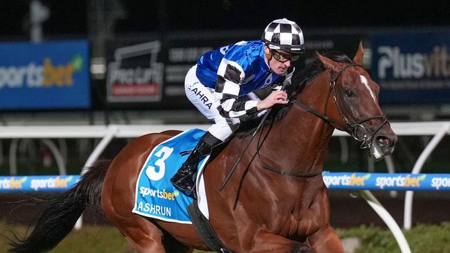 Ashrun (FR) ridden by Mark Zahra wins the Sportsbet Pakenham Cup at Sportsbet Pakenham on March 15, 2024 in Pakenham, Australia. (Photo by Scott Barbour/Racing Photos via Getty Images)