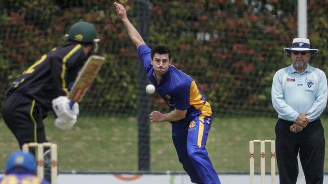 VSDCA cricket 2022-23: Box Hill v Williamstown at Box Hill City Oval. Fraser Hay bowling for Williamstown. Picture: Valeriu Campan