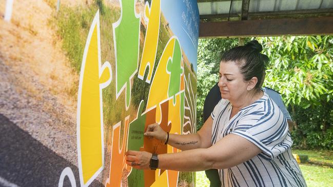 Cairns mother Natalie Sonenko pins a piece of the road safety puzzle after recounting the story of losing her son to a road accident earlier this year. Picture: Brian Cassey