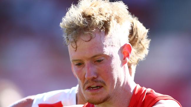 GOLD COAST, AUSTRALIA - APRIL 27: John Noble of the Suns kicks during the round seven AFL match between Gold Coast Suns and Sydney Swans at People First Stadium, on April 27, 2025, in Gold Coast, Australia. (Photo by Chris Hyde/Getty Images)