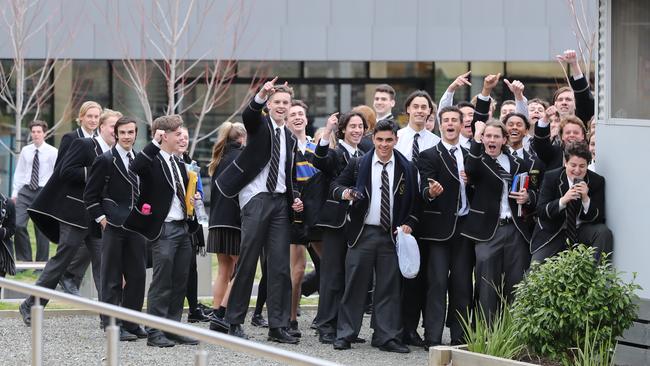 Carey Baptist Grammar School students mark the arrival of Ben Simmons. Picture: Alex Coppel