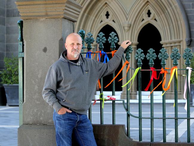 14/02/2019: Andrew Collins, a survivor of Catholic child sex abuse, outside St Mary's Geelong Cathedral. Stuart McEvoy/The Australian.