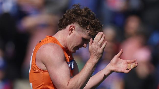 BALLARAT, AUSTRALIA - AUGUST 25: Tom Green of the Giants celebrates kicking a goal during the round 24 AFL match between Western Bulldogs and Greater Western Sydney Giants at Mars Stadium, on August 25, 2024, in Ballarat, Australia. (Photo by Daniel Pockett/Getty Images)