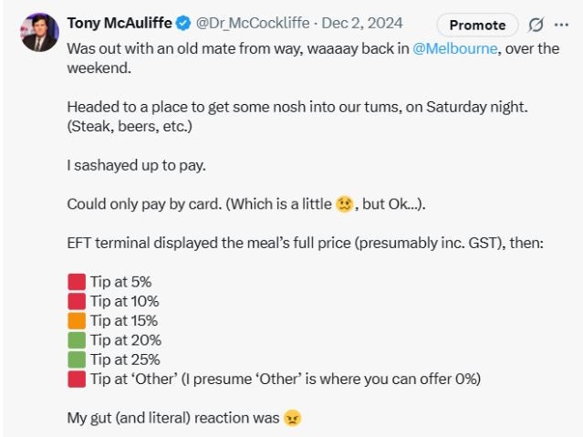 One Aussie said the tip options at a Melbourne restaurant were colour-coded (green for 20-25% and red for 5-10%). Picture: X