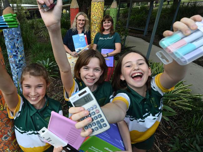 13/5/2025: Year six students (L-R) Lizzie Rieker, Hadley Taylor and Layla Stewart , with (behind L-R) deputy principal Leah Cathcart and Alison Schutt, cofounder of Stationary Aid, Brookfield State School  are running a stationary recycling program to help schools in other disadvantaged areas, Brookfield, Brisbane. pic: Lyndon Mechielsen/Courier Mail