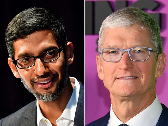 Google CEO Sundar Pichai Berlin on January 22, 2019, Apple CEO Tim Cook on October 28, 2019 in New York (Photos by AFP)