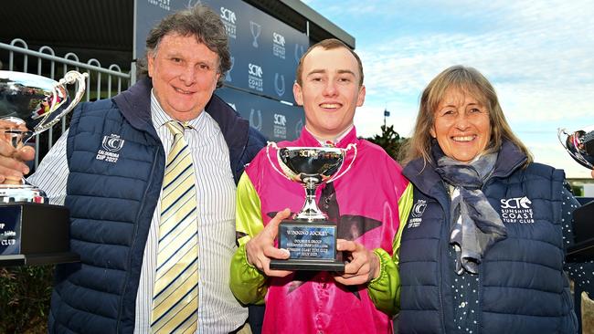 Knight's Choice wins the Group 3 Winx Guineas on the Sunshine Coast for trainers Sheila Laxon and John Symons and apprentice jockey Jaden Lloyd. Picture: Grant Peters/Trackside Photography