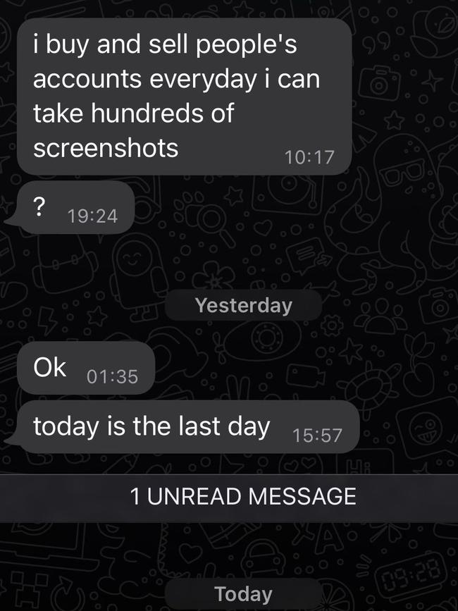 The chilling texts sent by the hacker. Picture: Supplied