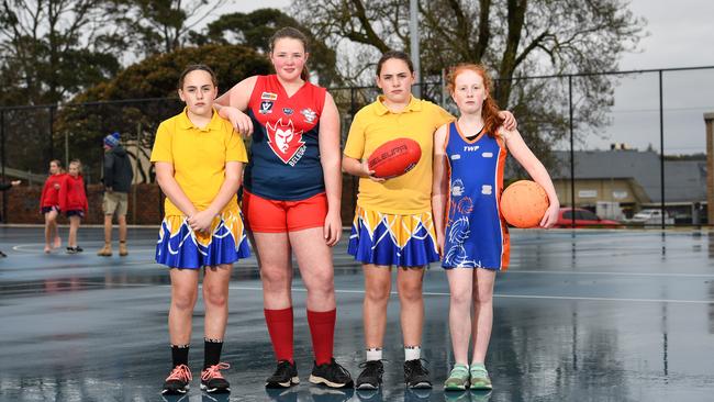 Disappointed Beleura Junior Football Club players Jacinta, Charli, Abbey and Larni, all 12, at Alexandra Park in Mornington. Picture: Penny Stephens