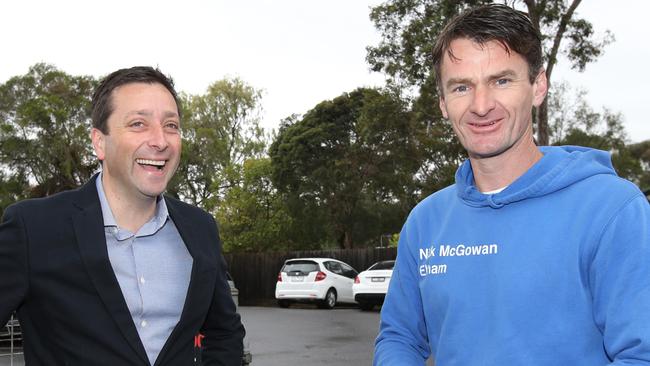 Victorian Liberal party leader Matthew Guy with his new chief of staff, Nick McGowan. Picture: David Caird