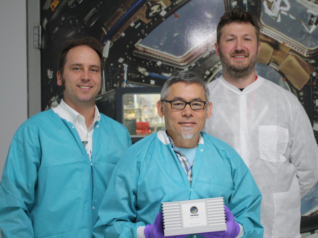 From left, Space Tango president Twyman Clements, Magnitude.io CEO C-Ted Tagami and Project 's Christoph Lahtz were part of the collaborative effort needed to get the Australian students’ experiment to space. Picture: Powerhouse Future Space Launch/Maja Baska