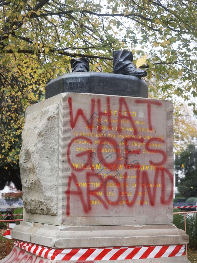 The William Crowther statue in Franklin Square Hobart has been vandalised overnight resulting in the statue being removed from it's plinth and then removed by Hobart City Council. Picture: Nikki Davis-Jones