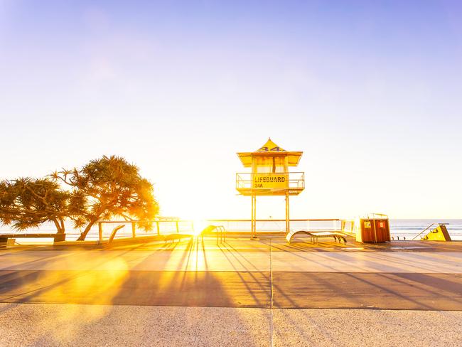 Surfers Paradise lifeguard tower at sunrise on Queensland's Gold Coast in Australia