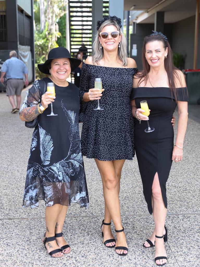 Elizabeth Szegedi, Kerry Charlton and Kerrie Small at the 2021 Darwin Cup Carnival Derby Day. Picture: Glenn Campbell