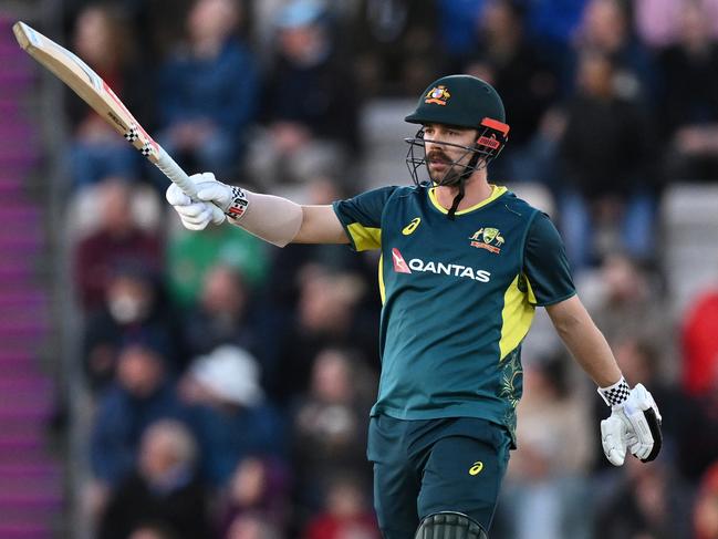 SOUTHAMPTON, ENGLAND - SEPTEMBER 11: Travis Head of Australia celebrates reaching his fifty in 19 balls during the 1st Vitality IT20 between England and Australia at Utilita Bowl on September 11, 2024 in Southampton, England.  (Photo by Mike Hewitt/Getty Images)