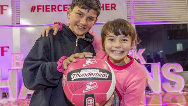 Siblings Lucas, 12, and Charlotte, 9, were first in line to greet the Adelaide Thunderbirds at a fan meet-and-greet on Monday afternoon. Picture: Ben Clark