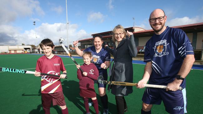 Victorian Premier Jacinta Allan with local hockey family Harrison, Cassandra, Cate and Shannon Calder at Stead Park in Corio. Picture: Alan Barber