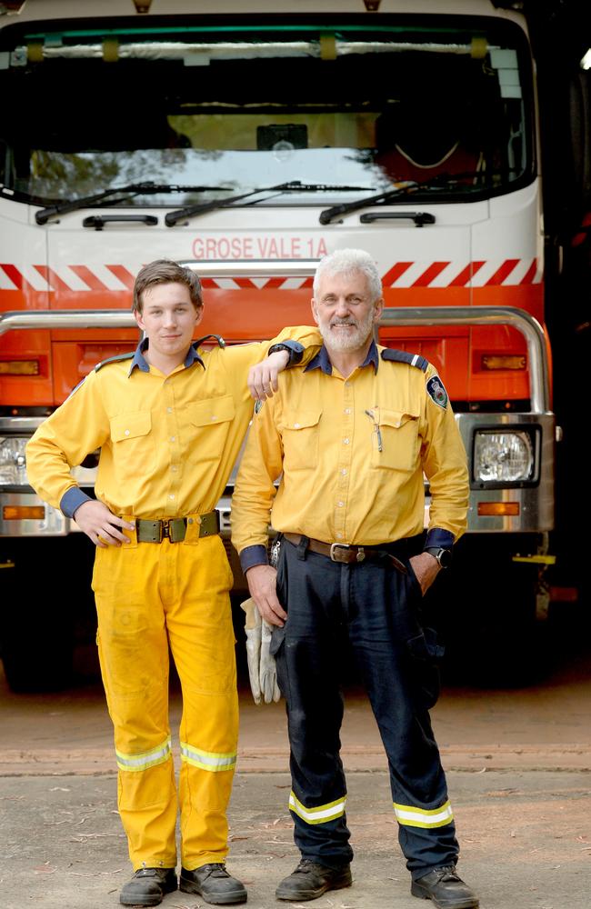 Deputy captain of Grose Vale Rural Fire Brigade Troy Slender with his 14-year-old son Jackson. Picture: Jeremy Piper