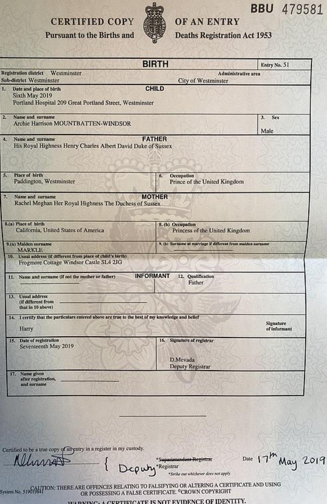 Meghan Markle and Prince Harry’s baby Archie has birth certificate ...