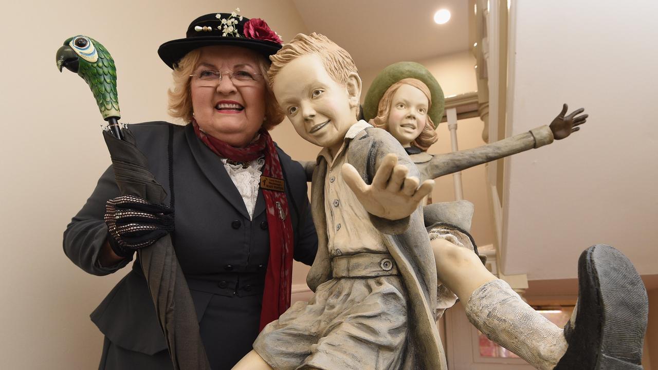 Opening of Story Bank in Maryborough – Carmel Murdoch (Maryborough's Mary Poppins) with sculptures of Michael and Jane Banks.