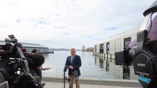 Jeremy Rockliff speaks to the media on the Hobart waterfront on Monday, March 3, 2025.