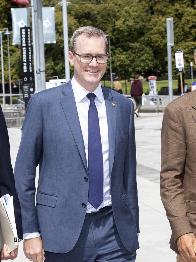 King Island Scheelite General Manager Chas Murcott, Minister for State Growth Michael Ferguson and Minister for Resources Guy Barnett at Hobart. Picture: Chris Kidd