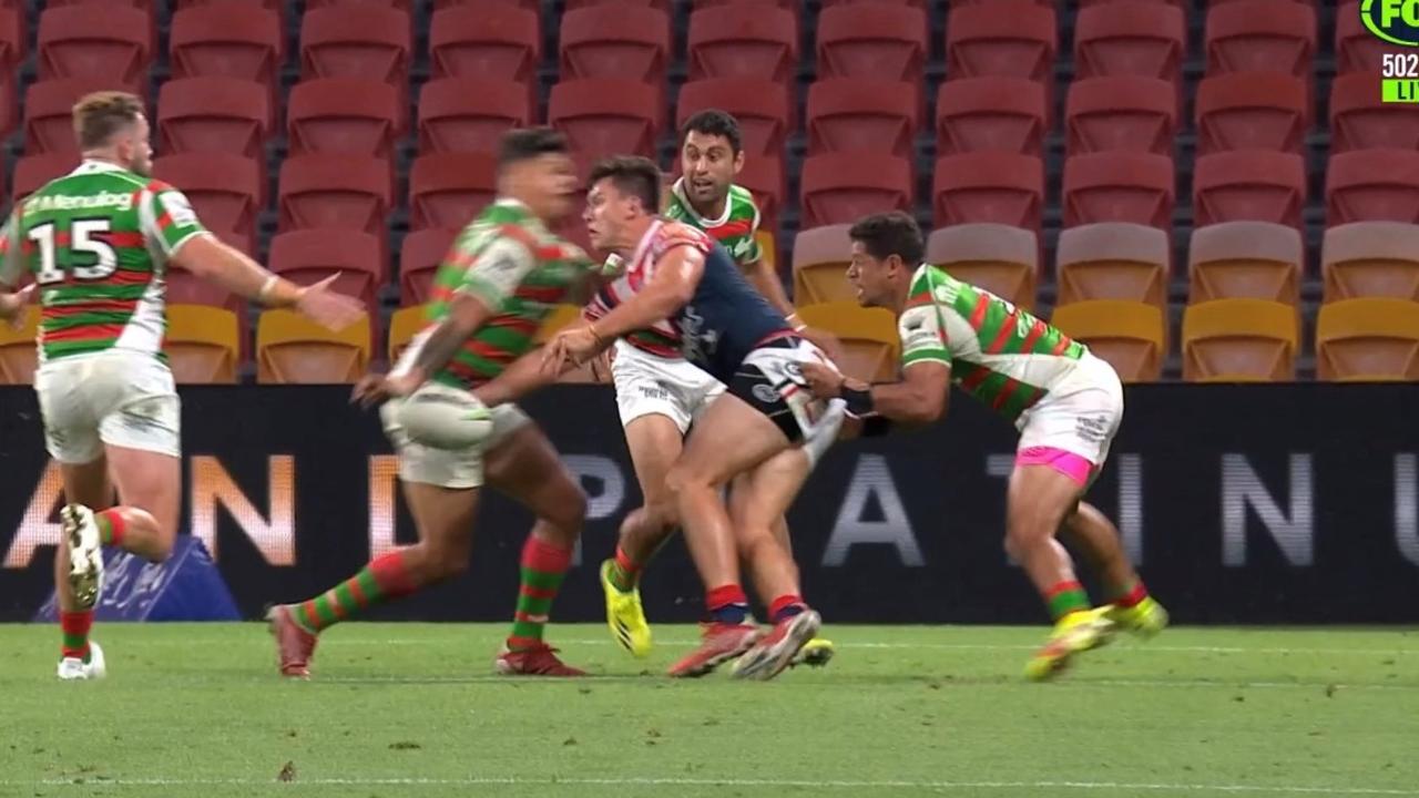 Latrell Mitchell is sent to the sin bin after this shoulder hit left former teammate Joey Manu sporting a damaged cheekbone. Picture: Fox Sports