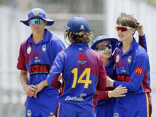 Right: Northern District’s bowler Max Guazarotto is congratulated after claiming the wicket of Blacktown's Om Mogale. Picture: John Appleyard