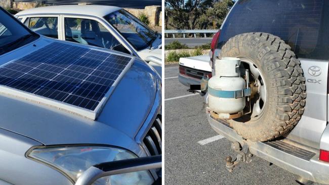 The 4WD had a solar panel on its bonnet, a gas canister on its rear and a numberplate sliced in two to accommodate a winch on the front. Picture: South Australia Police.