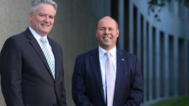 Mathias Cormann and Josh Frydenberg at Parliament House. Picture: Kym Smith.