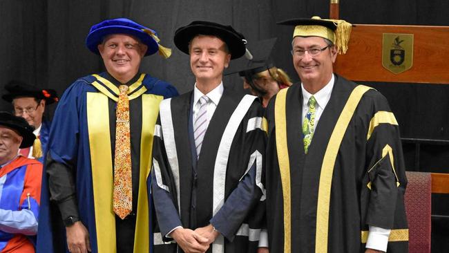 Emeritus Professor Scott Bowman (former CQUni Vice-Chancellor), Professor Nick Klomp (new CQUni Vice-Chancellor) and current CQUni Chancellor John Abbott. Picture: contributed