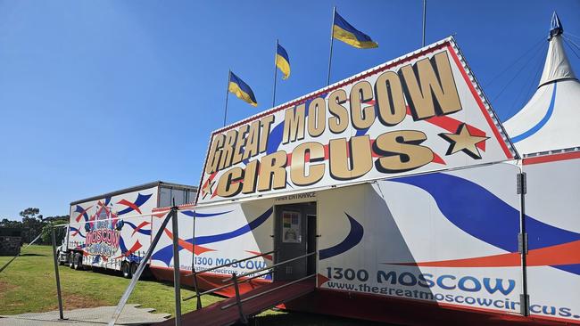 Ukrainian flags seen at The Great Moscow Circus currently in Adelaide. Picture: Facebook/South Australia and Beyond with Pete and Dea