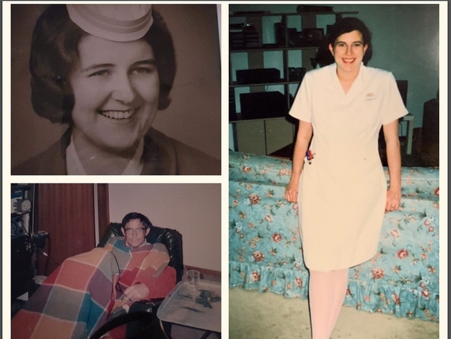 Bernadette McDonald as a 23-year old nurse (right), her mother Marlene (top left) and her father Ron on his dialysis machine at their home in country Victoria.