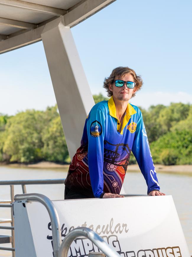 Spectacular Jumping Crocodile Cruise deckhand Jonah Field on board one of the business’ cruise ships. Picture: Che Chorley